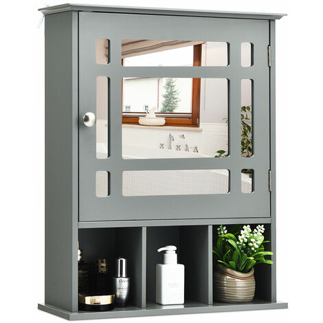 Bathroom Wall Storage Cabinet Wooden Hanging Medicine Organizer W/ Mirror Grey