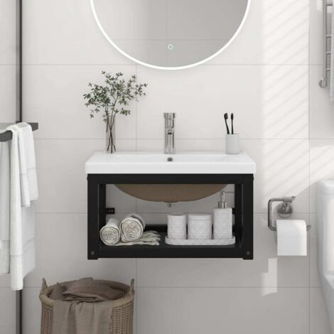 Bathroom Washbasin Frame with Built-in Basin Black Iron vidaXL