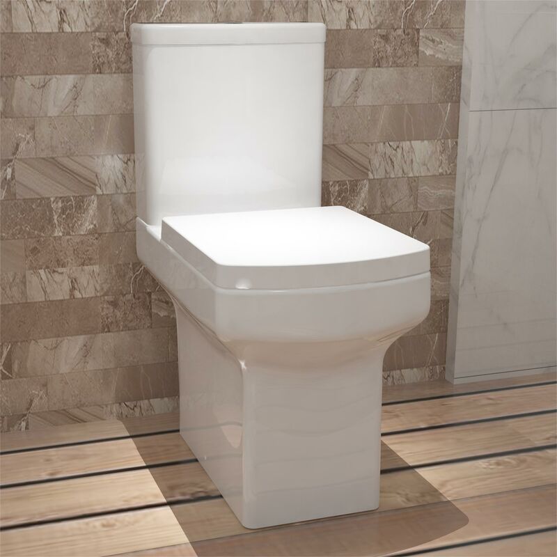 Bathroom WC Ceramic Square Close Coupled Toilet With Soft Close Seat Modern - White