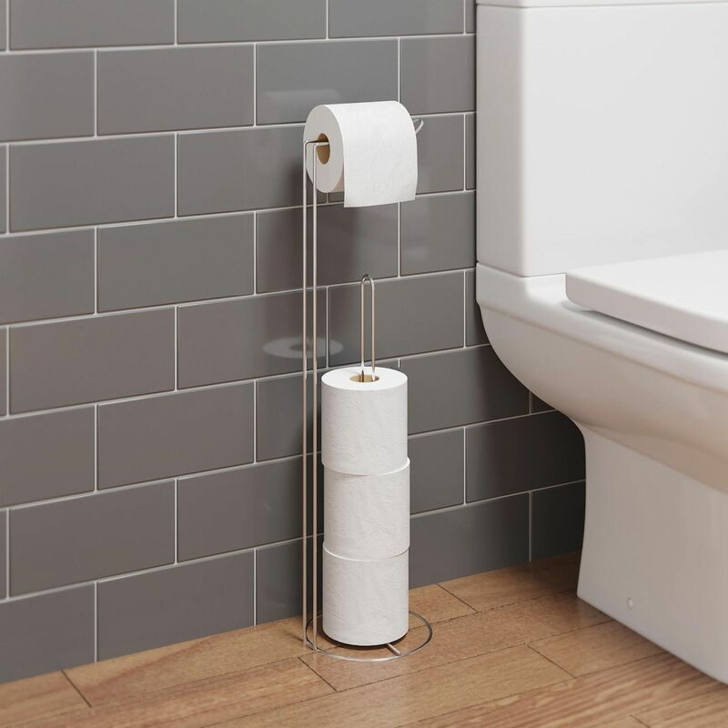 Bathroom WC Round Floor Standing Chrome Toilet Roll Holder Modern