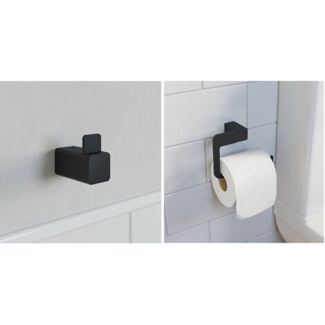 Bathroom WC Set Robe Hook Toilet Roll Holder Black Square Wall Mounted Stylish