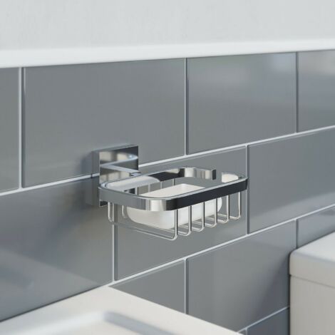 Bathroom WC Soap Dish Holder Chrome Square Wall Mounted Stylish Modern - Silver