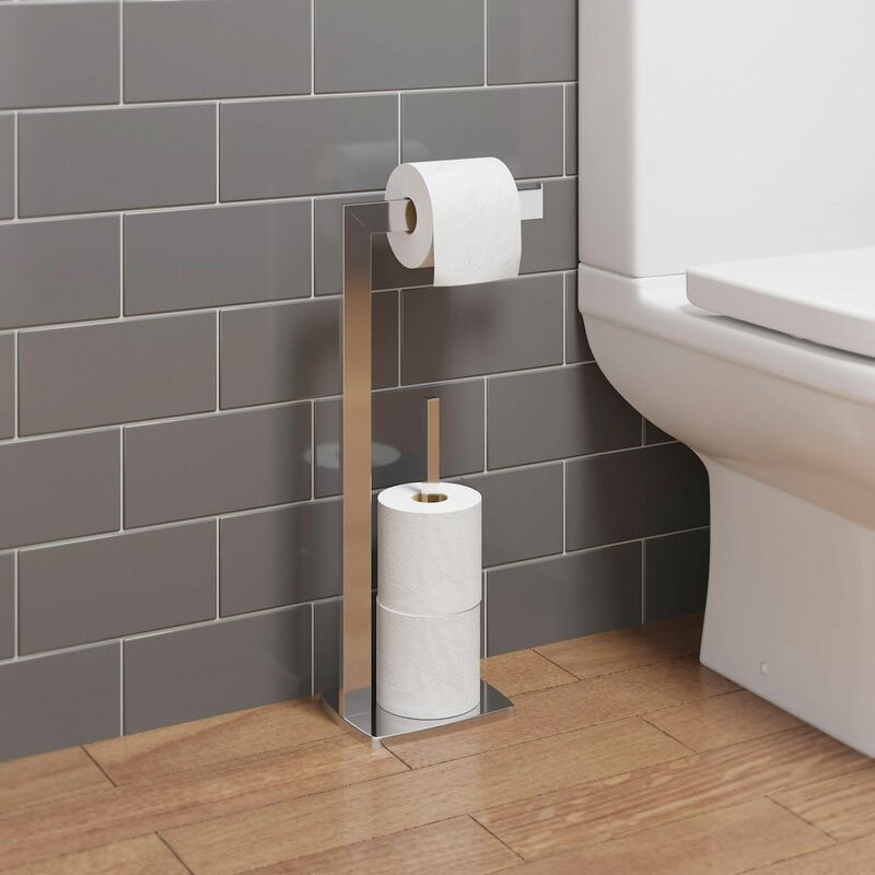 Bathroom WC Square Floor Standing Chrome Toilet Roll Holder Modern
