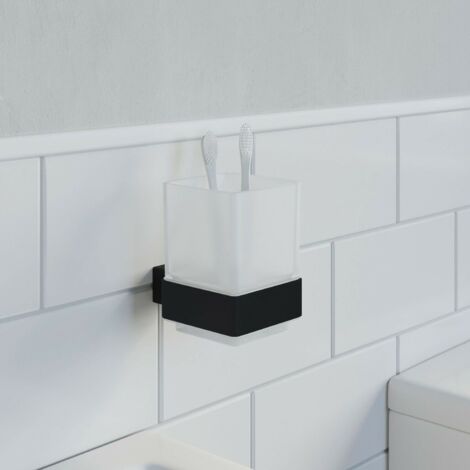 Bathroom WC Tumbler Toothbrush Holder Black Square Wall Mounted Stylish Modern - Black