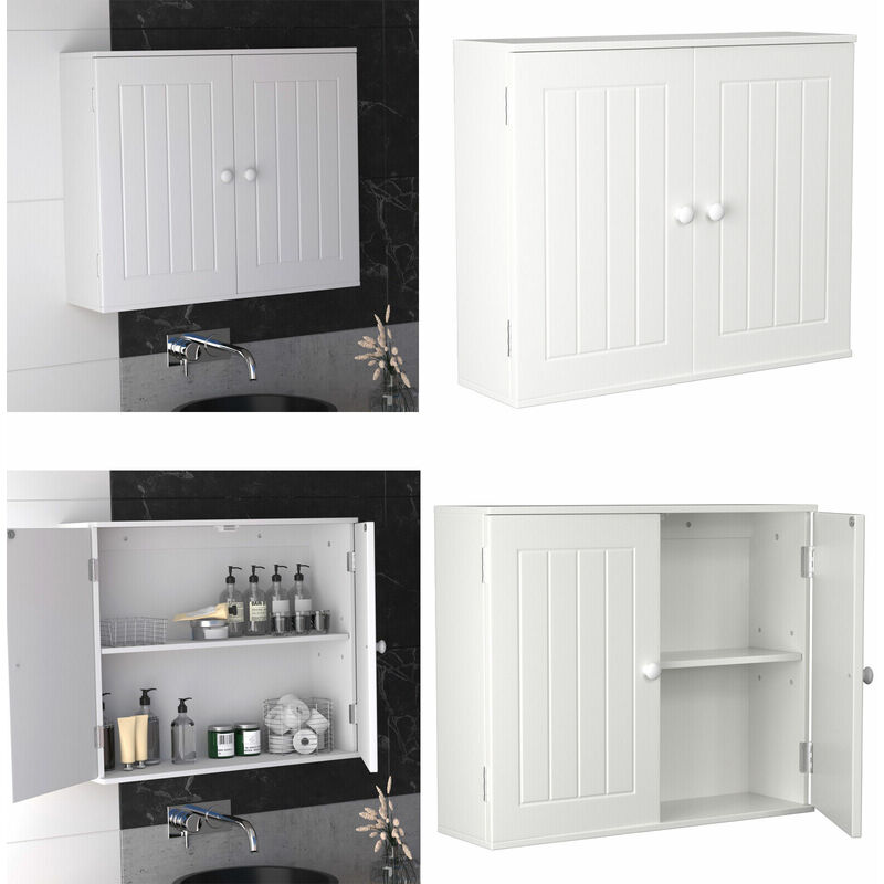 Bathroom White Cabinet Storage Shelf Double Door Cupboard Wall Mounted Furniture