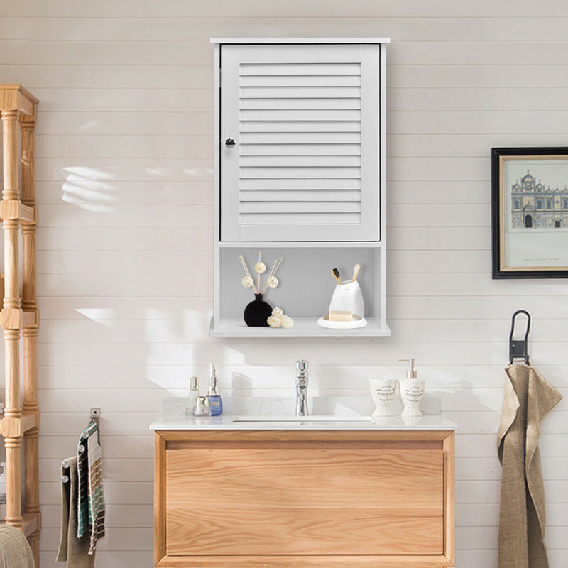 Bathroom Wooden Wall Cabinet White Shutter Door Mounted Storage Shelf Ba7245