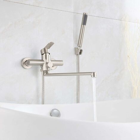 Bathtub Mixer Tap, Bathtub Faucet with Hand Shower, Round Single Lever Wall Mounted, Brushed Stainless Steel Hand Shower for Bathroom