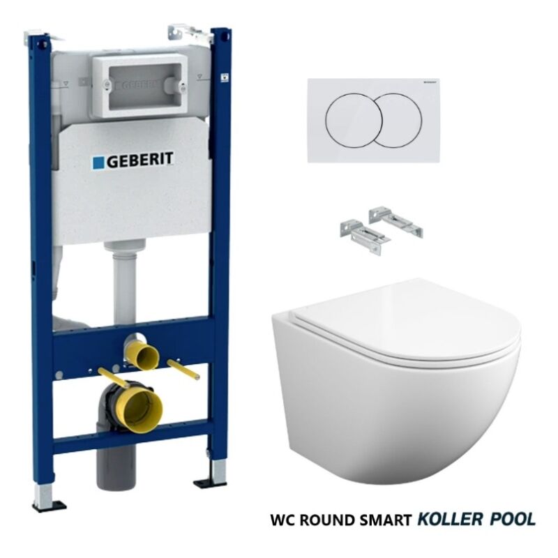 Geberit - bâti support pack citerne encastrée et bouton delta 01 blanc avec le toilette suspendu round smart 52CM tor 3 avec siège fin