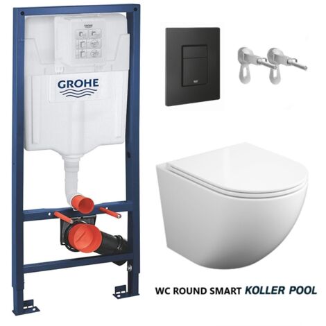 BÂTI SUPPORT GROHE PACK CITERNE ENCASTRÉE ET BOUTON NOIR MAT AVEC LE TOILETTE SUSPENDU ROUND SMART 52CM TOR 3 AVEC SIÈGE FIN KP