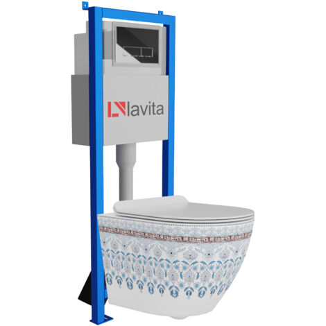 Bâti-support Lavita LAV 101 à 40 cm + WC Sofi Slim Folklor sans bord + plaque de commande LAV 200.3.2 chrome  Kit complet WC