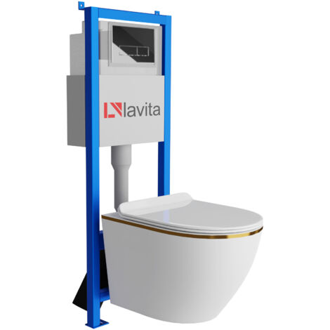 Bâti-support Lavita LAV 101 à 40 cm + WC Sofi Slim Gold Line sans bord + plaque de commande LAV 200.3.2 chrome  Kit complet WC