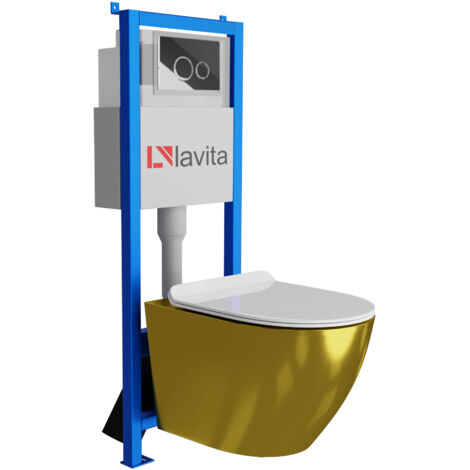 Bâti-support Lavita LAV 101 à 40 cm + WC Sofi Slim Gold/White sans bord + plaque de commande LAV 200.4.2 chrome Kit complet WC