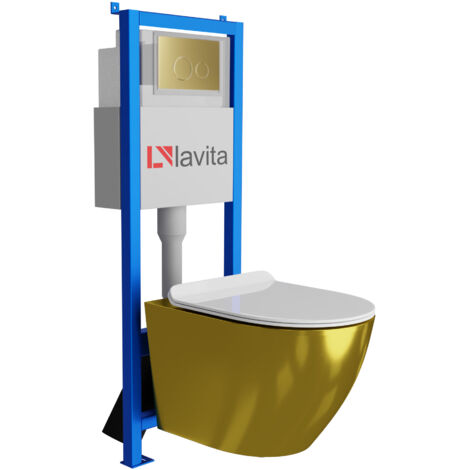 Bâti-support Lavita LAV 101 à 40 cm + WC Sofi Slim Gold/White sans bord + plaque de commande LAV 200.4.5 d'orée  Kit complet WC