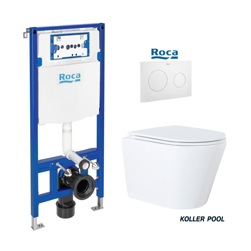 Bâti support Roca duplo one pack citerne encastrée et bouton PL10 blanc m avec le toilette suspendu orion blanc 51,5CM avec système vortex kp