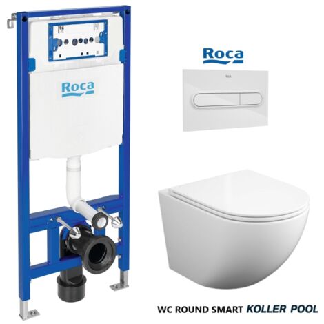 BÂTI SUPPORT ROCA DUPLO PACK CITERNE ENCASTRÉE ET BOUTON PL1 BLANC BRILLANT AVEC LE TOILETTE SUSPENDU ROUND SMART 52CM TOR 3 AVEC SIÈGE FIN