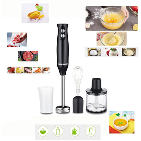 Batidora de mano de acero inoxidable, 4 en 1, 500 W, velocidad ajustable, con batidor y procesador de alimentos.