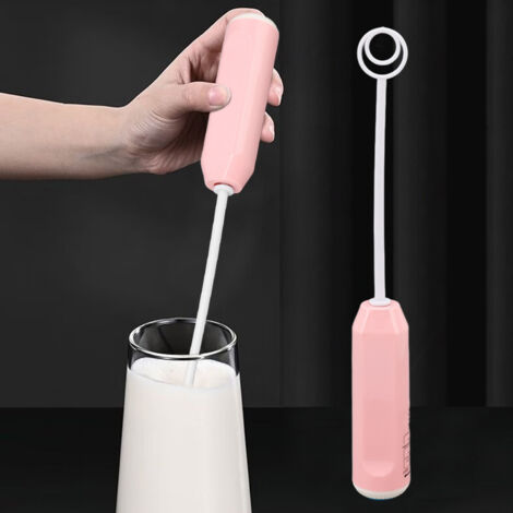 Batidora de mano eléctrica automática, portátil e inalámbrica, mini batidora de leche para crema casera, ABS rosa, 2 pilas AA, 82 g, doble cabezal para espumar/mezclar.