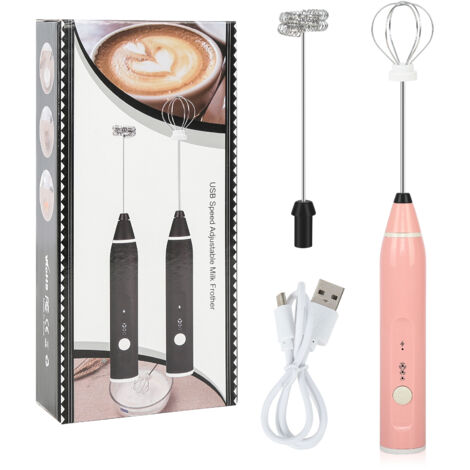 Batidora eléctrica de mano con 2 varillas metálicas, recargable por USB, 3 velocidades, para mezclar leche, capuchino, chocolate y huevos, color rosa.