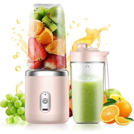 Batidora portátil de 400 ml con vaso de repuesto, recargable por USB, pequeña batidora de viaje con 6 cuchillas, mini batidora para batidos, zumos y smoothies (rosa).