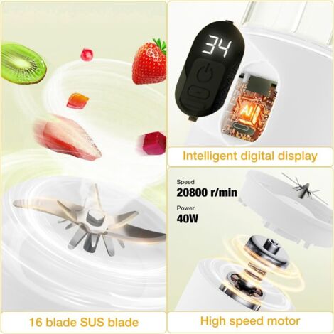 Batidora portátil para batidos y malteadas, mini batidora con 16 cuchillas, pantalla digital, recargable por USB, pequeña mini batidora para batidos (blanca).