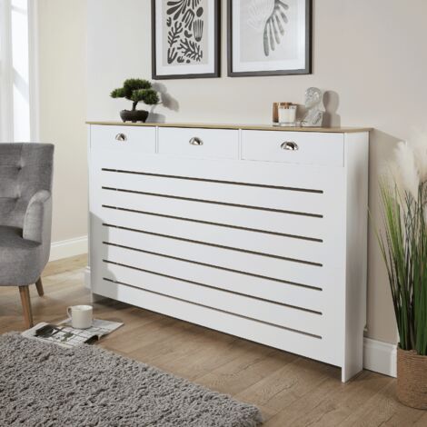 Batley Large Radiator Cover Grill Shelf Cabinet With 3 Drawer MDF Modern White