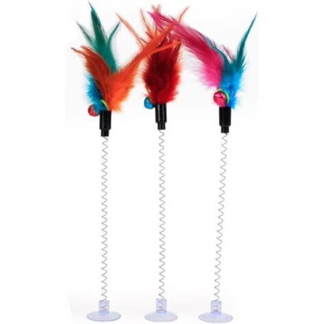 Bâtonnets ludiques pour chat (lot de 3) - Jouet interactif à ressort avec plumes et clochettes - Plumes de couleur aléatoire (emballage individuel)