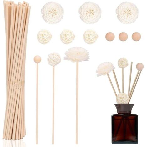 Bâtons de Diffuseur de Roseaux, 50 Pcs Batonnets Diffuseur Parfum, Batons Diffuseur d'Arôme avec Boules Fleurs pour Huile Essentielle Maison Bureau Hôtel Spa, 20 cm x 3 mm