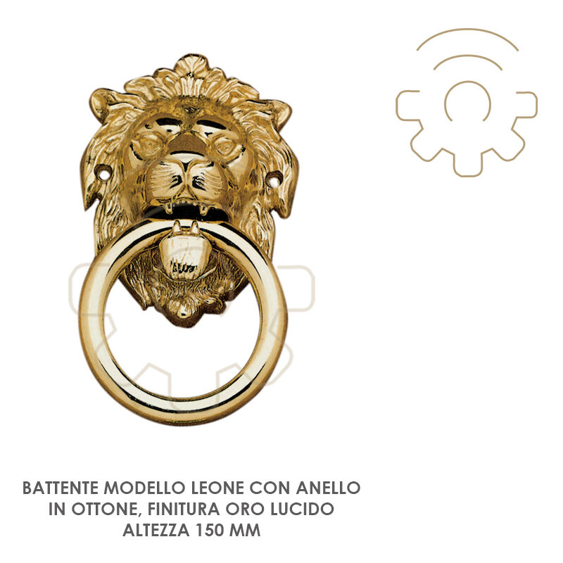 Image of Battente per porta mod Leone con anello ottone finitura oro lucido h 150 mm