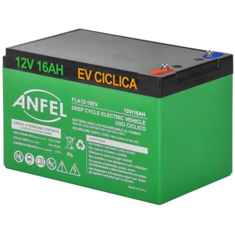 Batteria 12V 16Ah CICLICA Ricaricabile AGM Deep Cycle Solare Camper Barca Nautica UPS Sicurezza Veicoli Elettrici Impianti fotovoltaici SCARICA LENTA 6-DZM 6FM USO CICLICO PIOMBO BICI ELETTRICHE