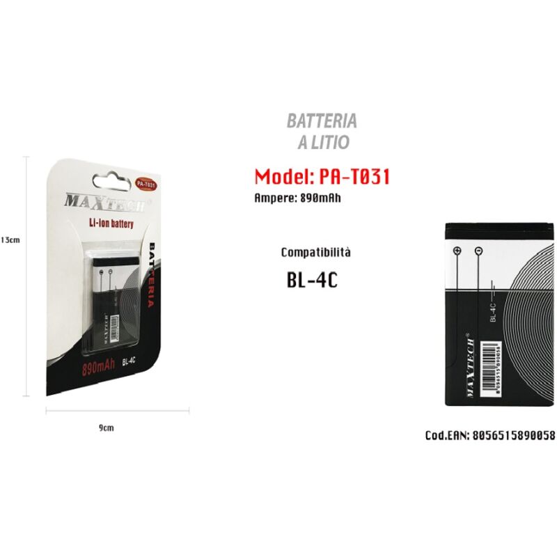Trade Shop Traesio - MaxTech - Batteria a Litio Compatibile Con Bl-4c 890 Mah Li-ion Maxtech Pa-t031 -