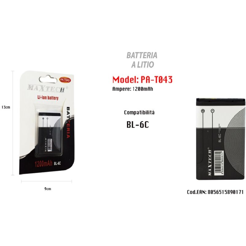 Batteria a Litio Ricambio Compatibile Con Bl-6c 1200mah Smartphone Pa-t043 - - Maxtech