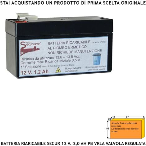 Batteria Accumulatore 12 V 1,2 Ah Pb Ermetica VRLA Regolata da Valvola Collegamento Tramite 2 Faston 5 mm Polarizzati Caricata 3 Cicli C/S Selezionata da Securvera Non Necessita di Manutenzione
