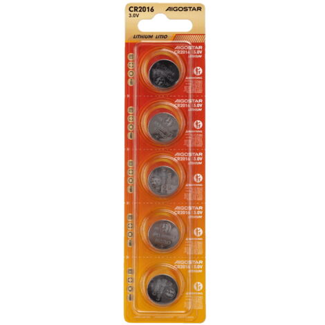 Batteria bottone Aigostar 3V CR2016 Litio confezione da 5 pile