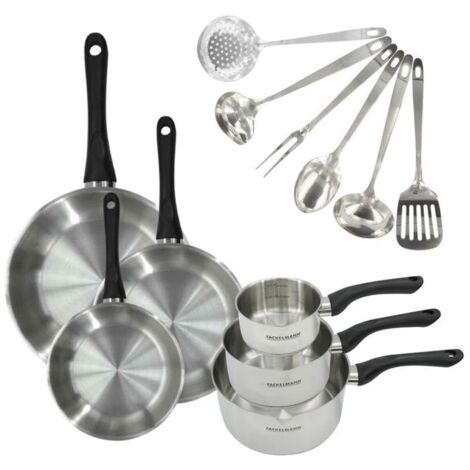 Batteria da cucina a induzione - FACKELMANN - Ginevra - Inox 18/8 - 12 pezzi - 3 padelle, 3 pentole e 6 utensili