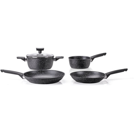Batteria di Pentole 5 Pezzi Antiaderente Induzione in Alluminio Effetto Pietra Moneta Magnolia Stone Black