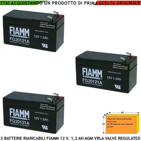 Batteria Ermetica Antincendio 12 V 1,2 Ah Tre Pezzi Collegamento Tramite 2 Faston 5 mm Polarizzati AGM VRLA Valve Regulated Caricata Marca Fiamm PRC Selezionata da Securvera Dimensioni L97XP42XH51 mm