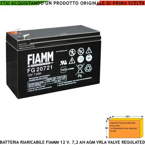 Batteria Ermetica Antincendio 12 V 7,2 Ah Collegamento Tramite 2 Faston 5 mm Polarizzati AGM VRLA Valve Regulated Caricata Marca Fiamm PRC FG 20721 Selezionata da Securvera Dimensioni L151XP65XH94 mm