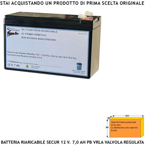 Batteria Ermetica VRLA Ricaricabile 12 V 7,0 Ah Pb Regolata da Valvola Collegamento Tramite 2 Faston 5 mm Polarizzati Caricata 3 Cicli C/S Selezionata da Securvera Non Necessita di Manutenzione