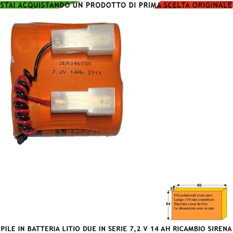 Batteria litio ER34615M 7,2 V 14 Ah Pacco 2 Pile Non Ricaricabili Ricambio Compatibile Sirena Radio Connettore Polarizzato Sostituibile Dimensioni H62XL69Ø34 mm Pronta all'Uso Direttiva ISO 9001