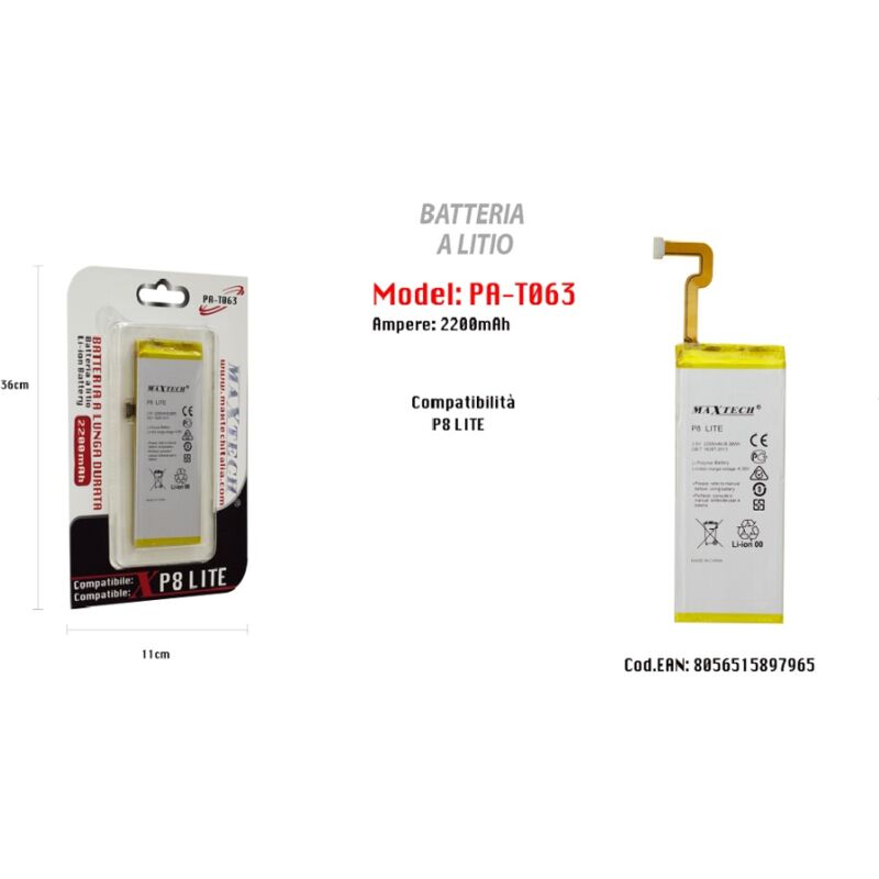 Batteria Litio Lunga Durata Compatibile Huawei P8 Lite 2200mah Pa-t063 - - Maxtech