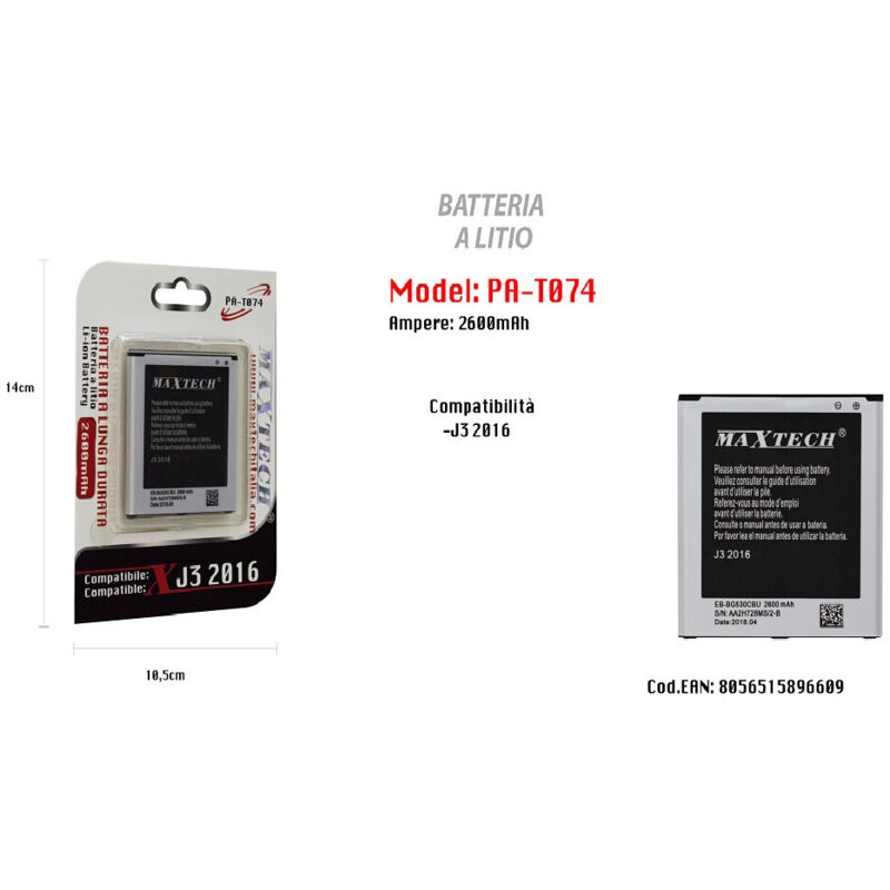 Image of Trade Shop - langlebiger lithiumakku, kompatibel mit samsung J3 2016 Maxtech 2600 mah PA-T074 -