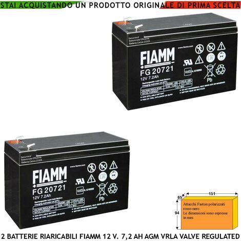 Batteria per Antifurto 12 V 7,2 Ah 2 Pezzi Collegamento Tramite 2 Faston 5 mm Polarizzati Ermetica AGM VRLA Valve Regulated Selezionata da Securvera Caricata Marca Fiamm PRC Dimensioni L178XP34XH60 mm