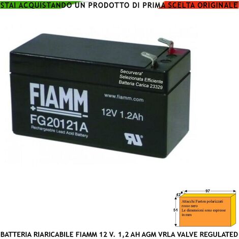 Batteria per Sirena 12 V 1,2 Ah Ermetica AGM VRLA Valve Regulated Collegamento Tramite 2 Faston 5 mm Polarizzati Selezionata da Securvera Batteria Caricata Marca Fiamm PRC Dimensioni L97XP42XH51 mm