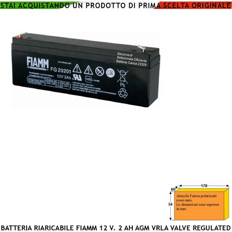Batteria per Sirena 12 V 2 Ah Collegamento Tramite 2 Faston 5 mm Polarizzati Ermetica AGM VRLA Valve Regulated Selezionata da Securvera Caricata Marca Fiamm PRC Dimensioni L178XP34XH60 mm Peso 930 gr