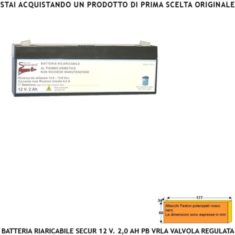 Batteria Piombo 12 V 2,0 Ah Ricaricabile Ermetica VRLA Regolata da Valvola Collegamento Tramite 2 Faston 5 mm Polarizzati Caricata 3 Cicli C/S Selezionata da Securvera Non Necessita di Manutenzione