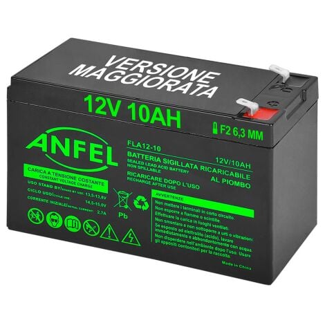 ANFEL batteria piombo 12v 10ah ermetica (VRLA), adatta per UPS Gruppi di Continuita', Videosorveglianza, Sistemi di allarme, mobilita' elettrica, giocattoli, attacco faston F2 6,3mm