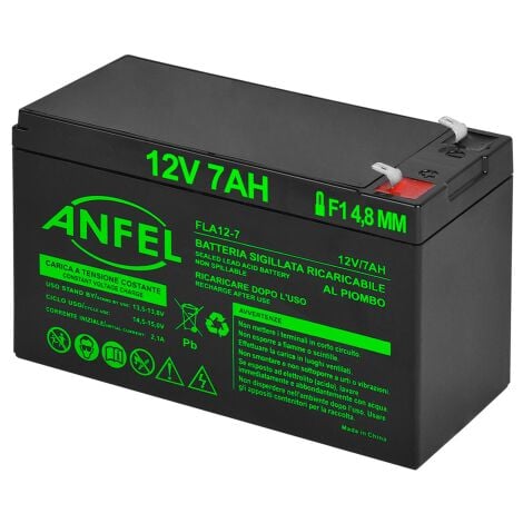 ANFEL batteria piombo 12v 7ah ermetica (VRLA), adatta per UPS Gruppi di Continuita', Videosorveglianza, Sistemi di allarme, mobilita' elettrica, giocattoli, attacco faston F1 4,8mm