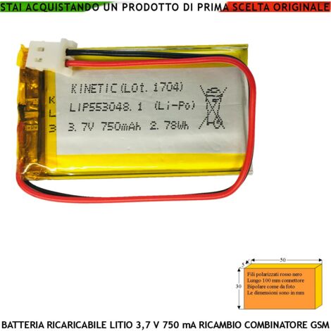 Batteria Ricaricabile ai Polimeri di Litio Capacità Tipica 700 mA Tensione 3,7 V Protezione PCM e da Cortocircuito Tensione di Carica 4,2 V Ricambio Combinatore GSM Nano Dimensioni L50XS5XH30 mm