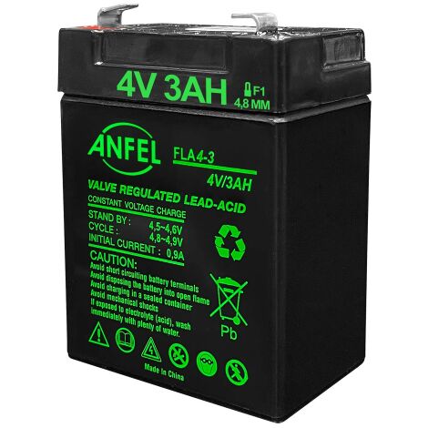 Batteria Ricaricabile al Piombo 4V 3A, Attacchi Faston F1 4,8mm, 4 Volt 3 Ah compatibile con lampade emergenza beghelli