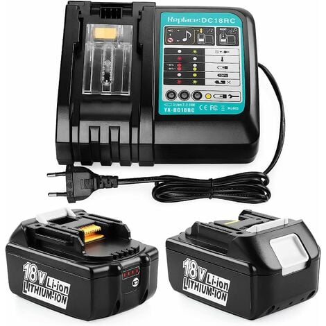 MAWIRON Batterie ,2Pack Energup 18V 5,5Ah Batterie de Rechange pour Makita 18V Batterie BL1850 BL1860 BL1840 BL1830 BL1820 BL1815 avec indicateur LED (5500mAh2+Chargeur)